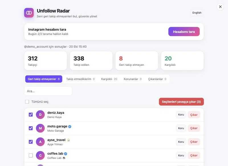 Unfollow Radar sonuç paneli